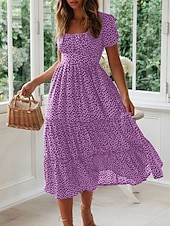 cheap Floral Dress-Women&#039;s Midi Dress Corset Dress A Line Dress Milkmaid Dress Puff Sleeve Dress Stylish Casual Vacation Daily Regular Fit Graphic Short Sleeve Square Neck Pink Navy Blue Blue Purple Summer