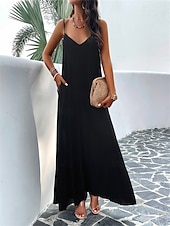 preiswerte Einfaches Kleid-Damen Maxi Kleid Strandkleid Slip Kleid Urlaub Strandurlaub Unifarben Lässig Täglich Lockere Passform Grafik Ärmellos Träger Schwarz Rot Himmelblau Grün Sommer