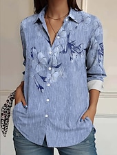 abordables Tops Florales-Camisa de Mujer Floral Elegante Vintage Diario de Manga Larga Cuello Regular Tops Regulares Trabajo Diario Tipo Lino Botones Imprimir Azul Verano Primavera
