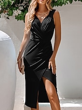 abordables Robe Simple-Robe Midi Femme Robe d&#039;Été Uni Robe Bodycon Hors des Épaules Robe Semi-Formelle Invité de Mariage Cocktail Soirée Ajustement Normal Graphique Sans Manches Col V Noir Vert Bleu Clair