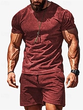 baratos Conjuntos de Camisas para Homem-Homens Conjunto de treino Moletom Camiseta e shorts Conjunto Conjunto de roupas Gola Redonda Ao ar livre Diário Esportes Bolsos Com Cordão 2 Peças Côr Sólida Vermelho Vinho Azul Royal Verde Poliéster