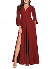 baratos Vestidos para Madrinhas-Linha A Vestido de Madrinha Decote V Manga Longa Elegante Longo Chiffon com Fenda Frontal / Franzido 2022