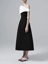 abordables Robes de cocktail-Robe de cocktail A-Line robe élégante retour à la maison cocktail party longueur thé sans manches une épaule poche mélange coton dos nu avec volants poche robes