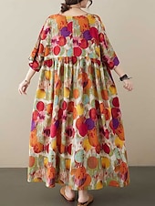 economico abiti stampati in cotone e lino-Per donna Abito maxi Abiti in cotone e lino Vestito Casual Abiti Boho Chic Essenziale Casual Vacanza Quotidiano Vestibilità regolare Grafico Manica Corta Girocollo Rosso Blu Estate