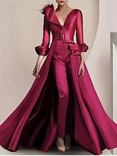 cheap Mom&#039;s Jumpsuits-Two Piece Jumpsuit / Pantsuit Mother of the Bride  Formal Wedding Guest Elegant Party V Neck Ankle Length Satin 3/4 Length Sleeve with Feather Sash / Ribbon 2025 free custom size