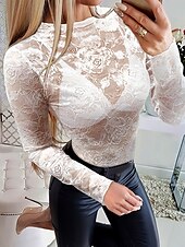 abordables Hauts en dentelle-Chemisier Femme Noir transparent 6 noir Noir Broderie Fleur / Plantes Dentelle Troué du quotidien Elégant Dentelle Col Rond S