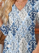 preiswerte Boho-T-Shirt-Damen T Shirt Blumen Brautkleider schlicht Langarm V Ausschnitt Normale Oberteile Täglich Bedruckt Himmelblau Frühling Herbst