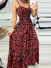 tanie Wakacyjne sukienki-Damskie Sukienka maxi Codzienne sukienki Sukienka maxi Elegancki Seksowny Codzienny Urlop Codzienny Regularny Panterka Bez rękawów W serek Czerwony Niebieski Szary Lato Wiosna