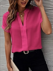 abordables Hauts de Travail pour Femmes-Femme Chemise Chemisier Couleur unie mode Décontractées Manche Courte Col cranté Hauts réguliers du quotidien Noir Blanche Bleu Fuchsia Eté Printemps