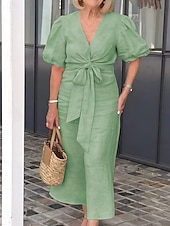 cheap Plain Dress-Women&#039;s Maxi Dress A Line Dress Solid Color Summer Dress Puff Sleeve Dress Basic Casual Puff Sleeve Vacation Daily Regular Fit Graphic Short Sleeve V Neck Black White Yellow Pink Summer