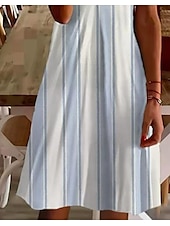 billige Stripete og geometriske kjoler-Dame Mini kjole Uformell kjole Elegant Årgang søt stil Daglig Normal Stripe Kortermet Crew-hals vannblå Sommer