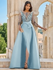preiswerte GRÜN-Meerjungfrau/Trompete Abendkleid abnehmbarer Überrock formelle Hochzeit bodenlang 3/4 Ärmel Rundhals Satin Perlen Spitze mit Schlitz 2025