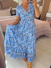 olcso Vakációs ruhák-Női Maxiruha hétköznapi ruha Boho ruha Elegáns Stílusos Alkalmi Vakáció Hétköznapi Napi Normál Virágos Rövid ujjú V-alakú Arcpír rózsaszín Sötétkék Bíbor Világoskék Nyár Tavasz