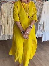 preiswerte Kleider-Damen Leinen-inspirierte Kleider Mode Streetwear Alltagskleidung Date Normale Passform Einfarbig Langarm Rundhalsausschnitt Gelb Grün Hellgrau Frühling Herbst