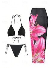 billiga Bikiniset-Dam Badkläder Bikini 2 st Kaxig Baddräkt Öppen rygg Smal Semester Standkläder Blommig Halterneck Ärmlös Baddräkter