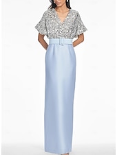 abordables BLEU-robe de soirée colonne bleue robe élégante robe formelle invité de mariage longueur au sol manches courtes col en V ceinture / ceinture satin avec fente à paillettes 2025