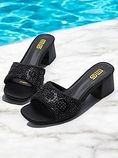 cheap Vacation Sandals-Women&#039;s Light Blue Pearl-Embellished Block Heel Mules – Elegant Open-Toe Slip-On Sandals for Summer Parties &amp; Evening Wear
