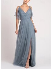 baratos Vestidos para Madrinhas-Linha A Vestido de Madrinha Decote V Manga Longa Elegante Longo Tule com Pregas / Franzido 2022