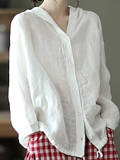 cheap Shirts-Women&#039;s Shirt Cotton Linen Shirts Button Up Blouse Solid Color Basic Casual Long Sleeve Hooded Regular Tops Daily Buttons White Red Blue Beige Summer