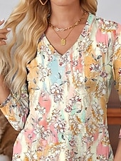 abordables T-shirt Boho-Femme T shirt Floral Décontractées manche longue Col V Hauts réguliers du quotidien Imprimer Blanc Ecru Printemps Automne