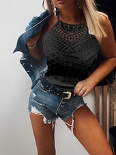 abordables Débardeurs et camisoles femme-Débardeur pour femmes en camisole noir blanc jaune couleur unie dentelle trou quotidien col halter coupe régulière S
