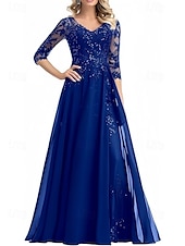 cheap Floor Length-A-Line Mother of the Bride Dress Wedding Guest Elegant V Neck Floor Length Chiffon 3/4 Length Sleeve with Beading Appliques