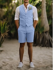 cheap Wedding Suits-Men&#039;s Wedding Linen Suits Vest Shorts Groomsmen Suits Beige Fashion Casual Summer Solid Colored Standard Fit 2 Piece