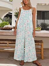 voordelige vakantie jumpsuit-Dames Normaal Jumpsuit Actief Bloemig Mouwloos U-hals Hoge taille Vakantie Dagelijks Ruim Passend Licht Blauw Zomer