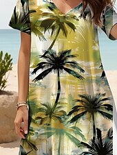 abordables Robes hawaïennes-Femmes Robe maxi Robe Décontractée Robe trapèze Vacances Tropical Occasionnel Vacances Quotidien Coupe régulière Feuille Tropical Manche Courte Col en V Vert Été Printemps