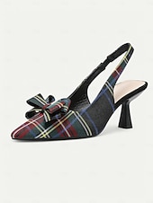 cheap Slingback Pumps-Women's Tartan Plaid Slingback Heels – Pointed Toe Kitten Heels with Bow Detail, Elegant Pumps for Parties &amp; Office Wear