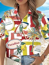 economico Top da Vacanza per Donne-Camicia da donna Geometrica Elegante Spiaggia Maniche Corte Collo Camicia Top Regolari Stampa Bottoni Rossa Primavera Autunno