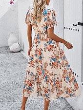preiswerte Blumenkleid-Damen Midi Kleid Korsett Kleid A-Linien Kleid Sommer Kleid Urlaub Urlaub Täglicher Regular Fit Floral Kurzarm V-Ausschnitt Rot Marineblau Grün Aprikose Sommer
