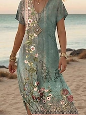 tanie Sukienki boho-Damskie Sukienka maxi Codzienne sukienki Sukienka A line Elegancki Codzienny Urlop Codzienny Regularny Kwiaty Krótki rękaw W serek Czerwony Niebieski Pomarańczowy Zielony Lato Wiosna