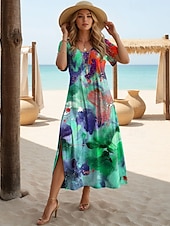 levne Šaty umění a designu-Maxi šaty pro ženy černé šaty dlouhý rukáv boho šaty elegantní vintage motýlí rukáv na dovolenou pláž klasické ombre vintage krátký rukáv kulatý výstřih modrá zelená léto