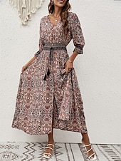 economico Abiti boho-Per donna Vestito maxi Abito casual Abito Boho a maniche lunghe Abito boho Boemia Moda Essenziale Da mare Informale Giornaliero Standard Pop art Manica a 3/4 A V Marrone rossastro Blu Estate