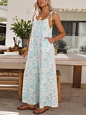 voordelige vakantie jumpsuit-Dames Normaal Jumpsuit Actief Bloemig Mouwloos U-hals Hoge taille Vakantie Dagelijks Ruim Passend Licht Blauw Zomer