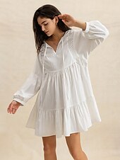 ieftine Rochii Albe Casual-rochie albă rochie mini pentru femei rochie casual rochie boho cu mânecă lungă boho mânecă lantern festival de muzică data nunții potrivire obișnuită uni mânecă lungă cravată gât în v toamnă albă de vară