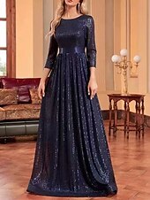 billige Gjestekjoler til bryllup-A-linje Bryllupsgjest Kjoler Festkjole Prom Black Tie Gala Gulvlengde 3/4 Lengde Erme Crew Utringning Belte  Bånd Spandex med Glitrende Frynser Paillett