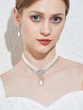 abordables Collar de mujer-Elegante conjunto de joyas nupciales de perlas: collar de doble capa y aretes colgantes con detalles de diamantes de imitación, accesorios de boda vintage para mujeres, joyas formales para fiestas y veladas
