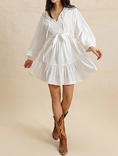 ieftine Rochii Albe Casual-rochie albă rochie mini pentru femei rochie casual rochie boho cu mânecă lungă boho mânecă lantern festival de muzică data nunții potrivire obișnuită uni mânecă lungă cravată gât în v toamnă albă de vară