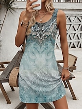 tanie Sukienki boho-Sukienka mini damska Sukienka codzienna Sukienka petite Sukienka plażowa Sukienka letnia Sukienka casualowa Wczasy codzienne Wakacje Regular Fit Graficzna Paisley Bez rękawów Okrągły dekolt Niebieska