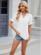 cheap Lace Tops-Women&#039;s Boho T-shirt Plain Bohemia Cute Stylish Short Sleeve Puff Sleeve V Neck Shirt Collar Regular Tops Daily Going out Weekend Ruffle Eyelet Sage Green Black White Pink Wine Summer