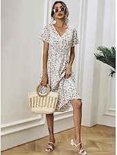 billiga Eleganta blommiga klänningar-Dam Midiklänning Vardagsklänning Swingklänning A linjeklänning Stylish Ledigt Semester Dagligen Normal Blommig Kortärmad V-hals Svart Vit Gul Rodnande Rosa Sommar