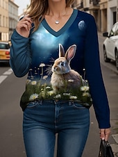cheap Easter T Shirt-Easter Women&#039;s Blouse Ombre Graphic Animal Modern Casual Long Sleeve V Neck Regular Tops Daily Print Blue Summer Spring