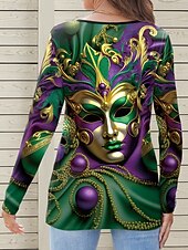 abordables T-shirt Art &amp; Design-Carnaval Femme T shirt Graphic Décontractées manche longue Col cranté Hauts réguliers du quotidien Imprimer Vert Eté Printemps Automne