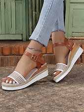 olcso Nyári szandálok-női houndstooth espadrille ékszandál bokapánttal – hétköznapi nyári platformszandál nyaraláshoz és mindennapi viselethez