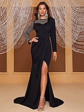 preiswerte SCHWARZ-Meerjungfrau  Trompete Abendkleid elegantes Kleid formelle Abendveranstaltung Court Train lange Ärmel Rundhals Stretch-Crepe mit Kristallen 2025