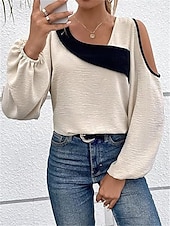 preiswerte Damen Einfache Oberteile-Damen Hemd Bluse Farbblock Elegant Täglich Stilvoll Langarm Laternenärmel U-Ausschnitt Normale Oberteile Arbeit Täglich Festtage Patchwork Wein Blau Beige Frühling Herbst
