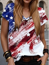 voordelige Onafhankelijkheidsdag Top-Patriottische T Shirt Vlag Amerikaanse Vlag Nationale Vlag Stijlvol Casual Rood Wit En Blauw Korte Mouw V-Hals Reguliere Tops Dagelijks Print Wijn Zomer Lente