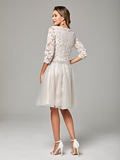 baratos Comprimento do chá-Vestido A-Line Mãe da Noiva Convidada de Casamento Elegante Decote Transparente Midi de Chiffon com Tule e Mangas 3/4 com Pregas e Aplicações 2025